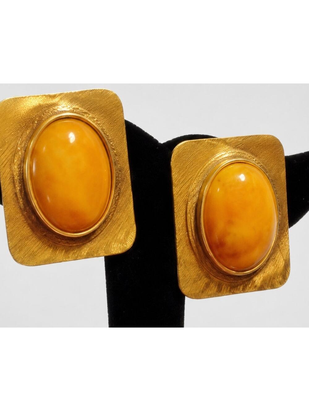 Large Pierced Earrings Hammered Metal Lucite Butterscotch Yellow Vintage rp_